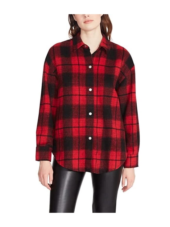 Sophia Shacket Women Small Red Black Plaid Button Up Classic JDM836 (Red,Regular,S)