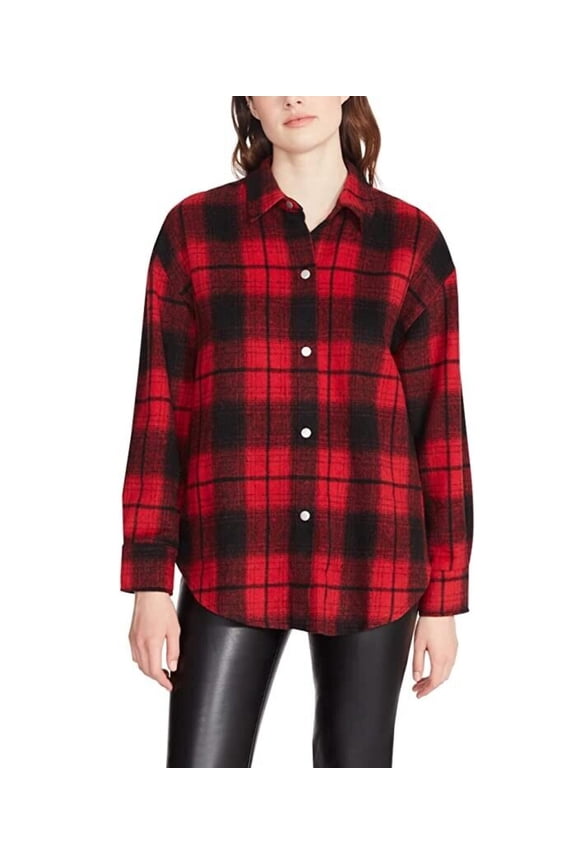 Sophia Shacket Women Small Red Black Plaid Button Up Classic JDM836 (Red,Regular,S)
