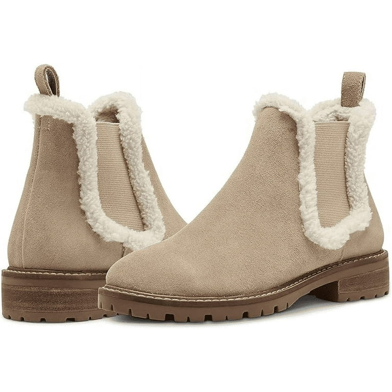 Steve Madden Women's Chelsea Boot, Tan Suede, Faux-Fur, Pull-On