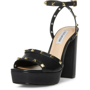 Steve Madden Tabari Black Leather Ankle Strap Open Toe Embellished Heeled Sandal (Black Leather, 11)
