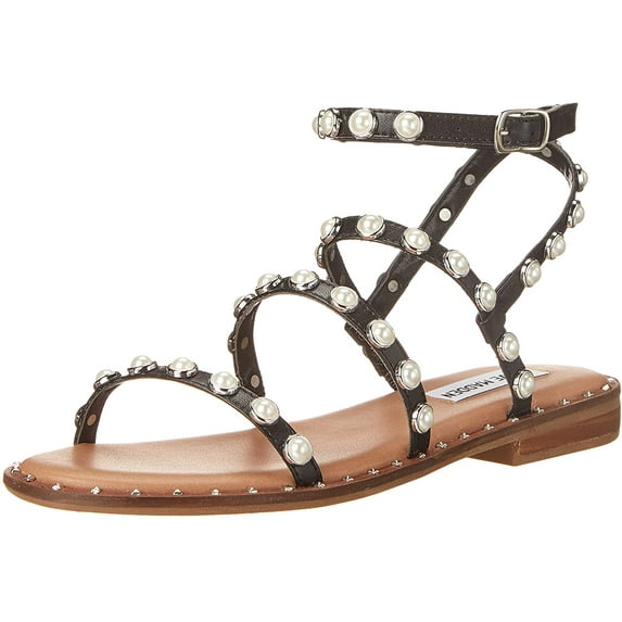 Steve Madden Travel Black Pearl Ankle Strap Rounded Toe Pearl Detail Flat Sandal (Black Pearl, 7.5)