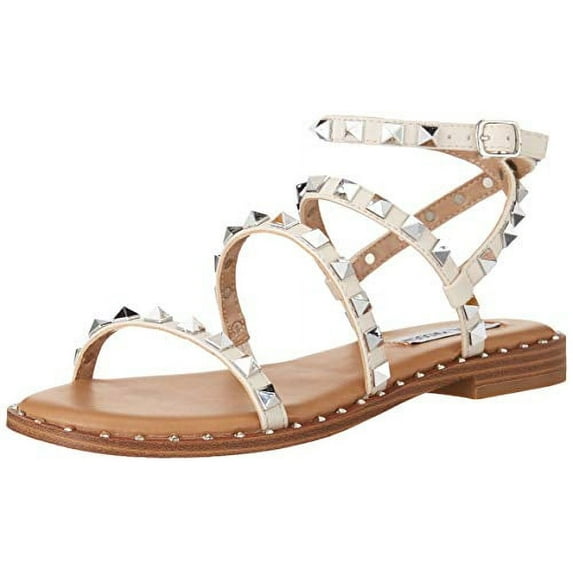 Steve Madden Travel Bone Pearl Ankle Strap Pyramid Embellished Flat Sandals (Bone Pearl, 6)