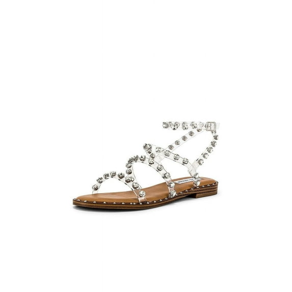 Steve Madden Travel Clear Fashion Rhinestone Leather Embellished Flat Sandals (Clear Rhinestone, 6)