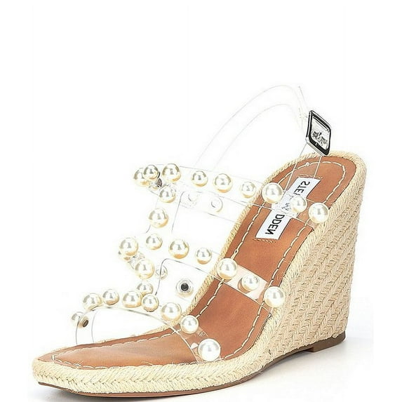 Steve Madden Upright Clear Espadrille Pearl Embellished Strap Wedge Sandals (Clear, 9.5)