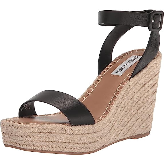 Steve Madden Upstage Black Leather Ankle Strap Open Toe Wedge Heeled Sandals (Black Leather, 8.5)