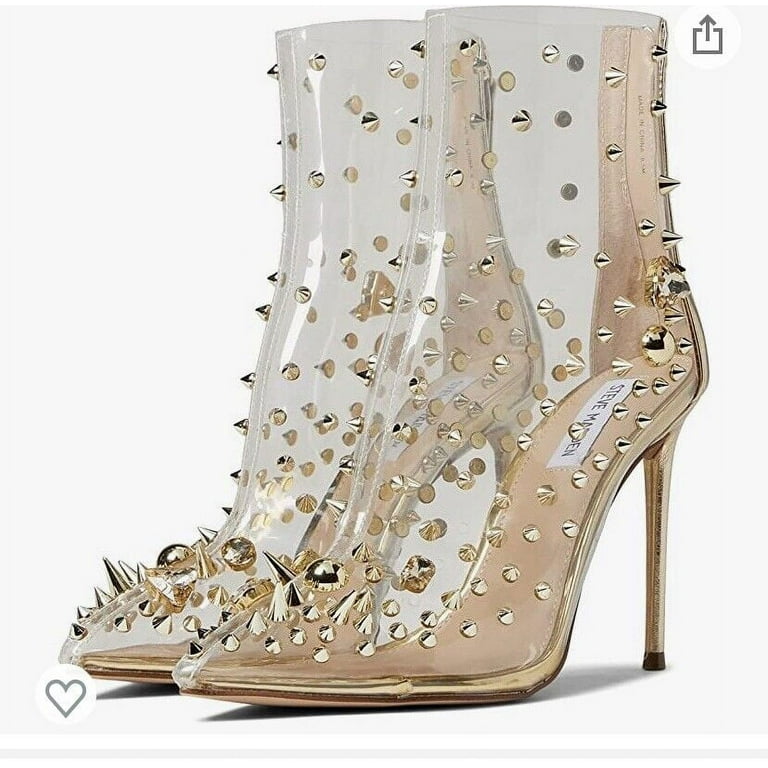 Steve Madden Viceroy Gold Studs Back Zip Pointed Toe Stiletto Heel Ankle Boots (Gold, 5.5)