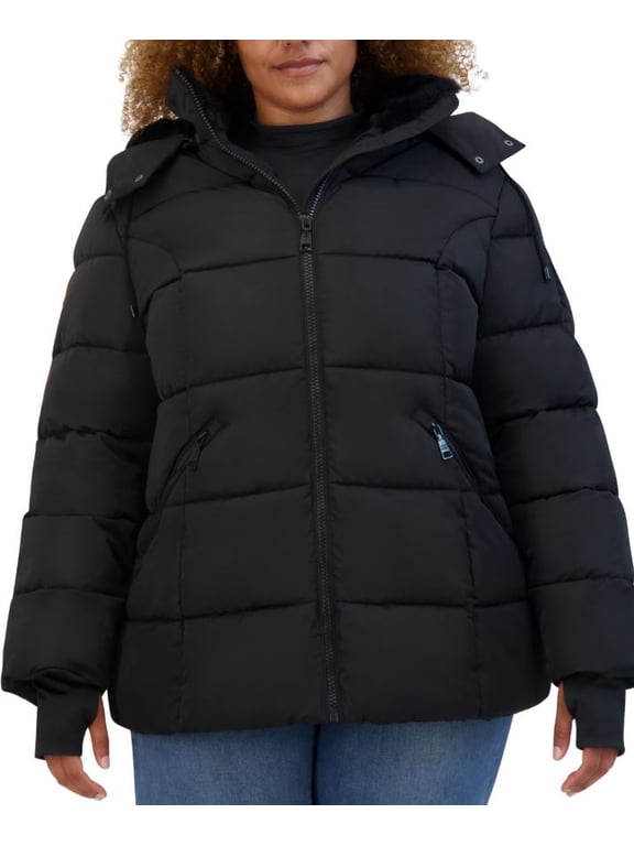 Women's Black Plus Size Faux-Fur-Trim Hooded Puffer Coat, 3X