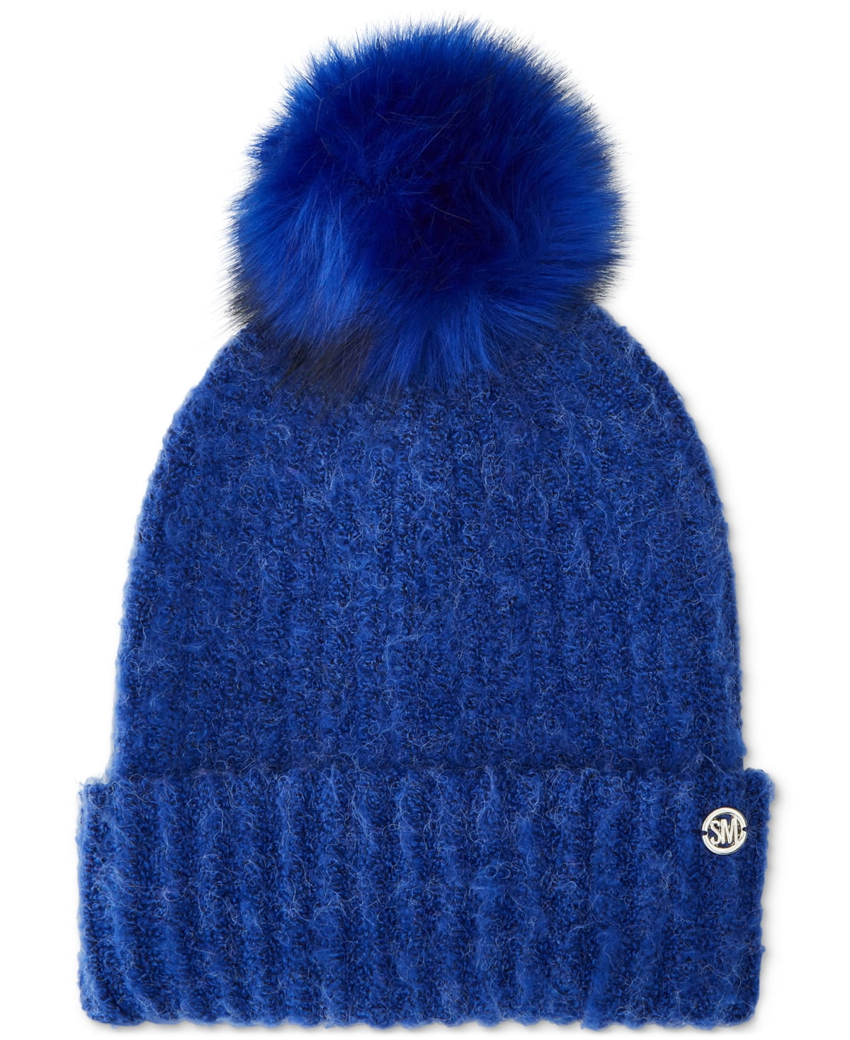 Jocelyn fur pompom knit navy blue beanie Ribbed Navy Blue Wool Beanie Hat - Double Raccoon Fur Pom  main image 4