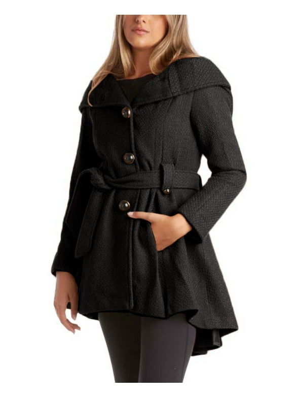 Steve Madden Women’s Coat – Single Breasted Wool Peacoat with Oversized Hood, Tie Belt (S-XL)