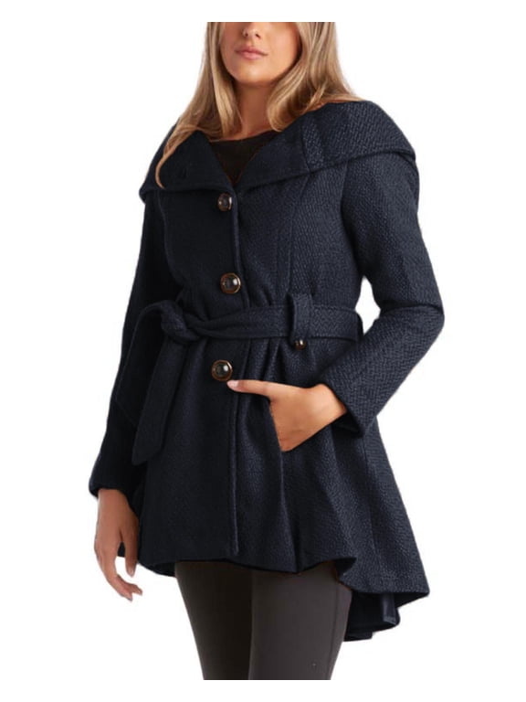 Women’s Coat – Single Breasted Wool Peacoat with Oversized Hood, Tie Belt (S-XL)