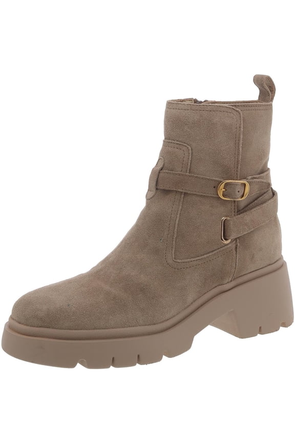 Women's Coletta Lug-Sole Buckle Booties, Taupe Suede, 10