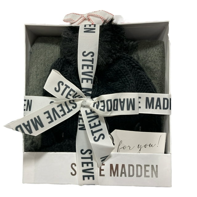 Steve Madden Women's Cuff Beanie Hat with Pom Pom & Scarf Set (Black/Grey Scarf)
