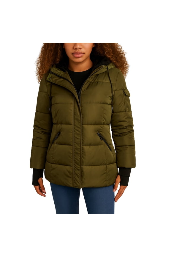 Womens Puffer Jacket Quilted Parka Jacket Long Winter Coats with Faux Fur Lining