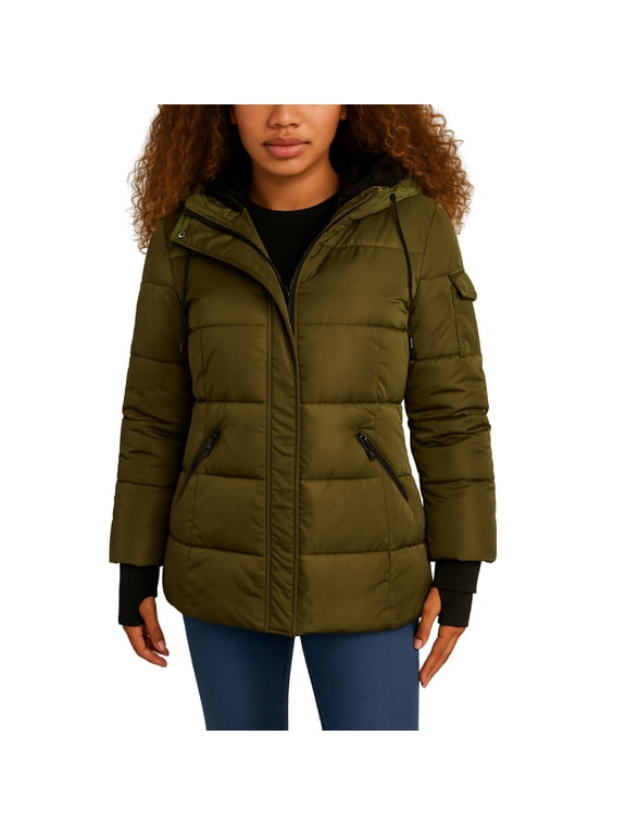 Womens Puffer Jacket Quilted Parka Jacket Long Winter Coats with Faux Fur Lining