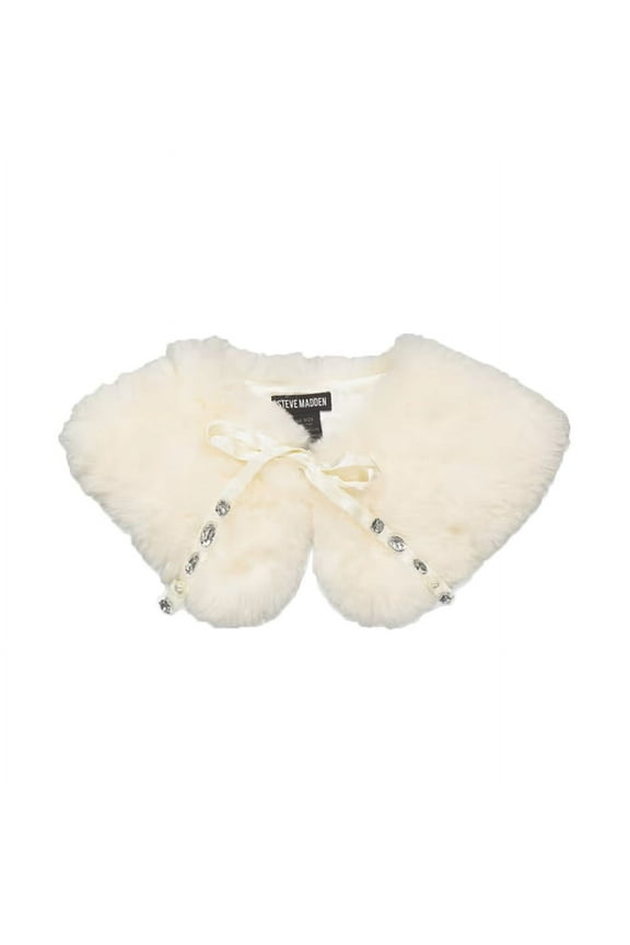 Women's Faux Fur Neck Collar with Rhinestone Ties, Winter White, One Size