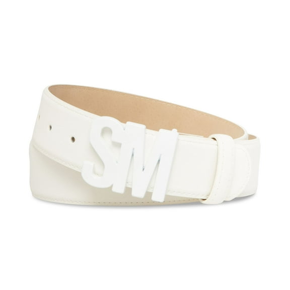 Steve Madden Women's Faux Leather SM Logo Belt, White, S