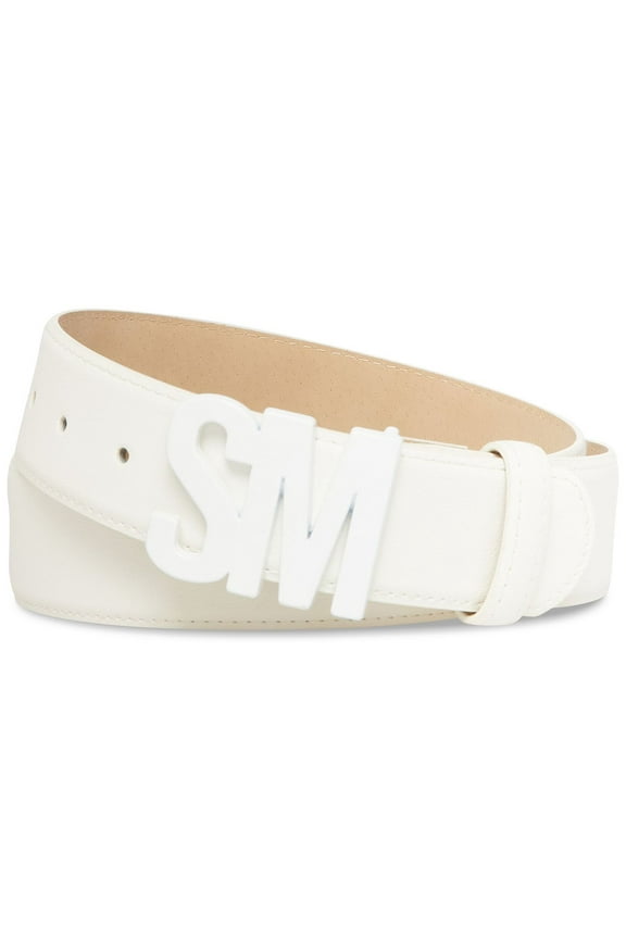 Women's Faux Leather SM Logo Belt, White, S