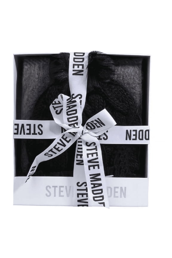 Women's Knit Cuff Beanie Hat, Scarf & Glove Set, Black/Grey, 2-Piece