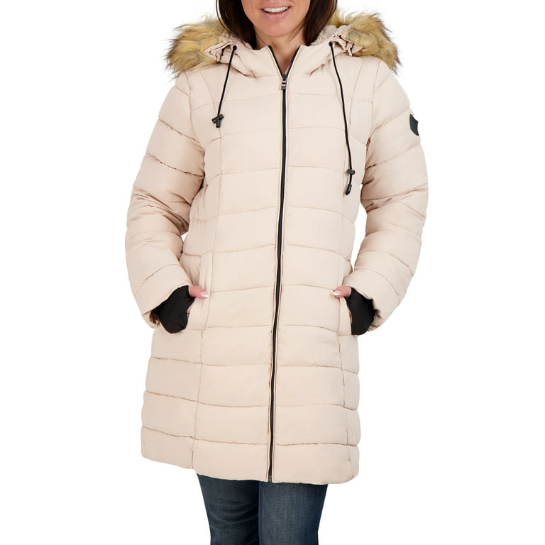 Steve Madden Women s Long Puffer Coat with Faux Fur Hood Walmart