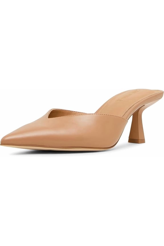 Mod Pointed Toe Mule Kitten Heels for Women, Casual Leather Low Heel Dress Sandals, Slip on Closed Toe Slip Resistant Comfort Sole