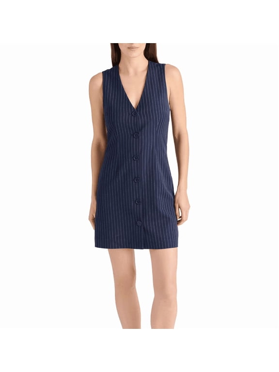 Womens Pinstripe Sleeveless Button Front Dress Navy Size S