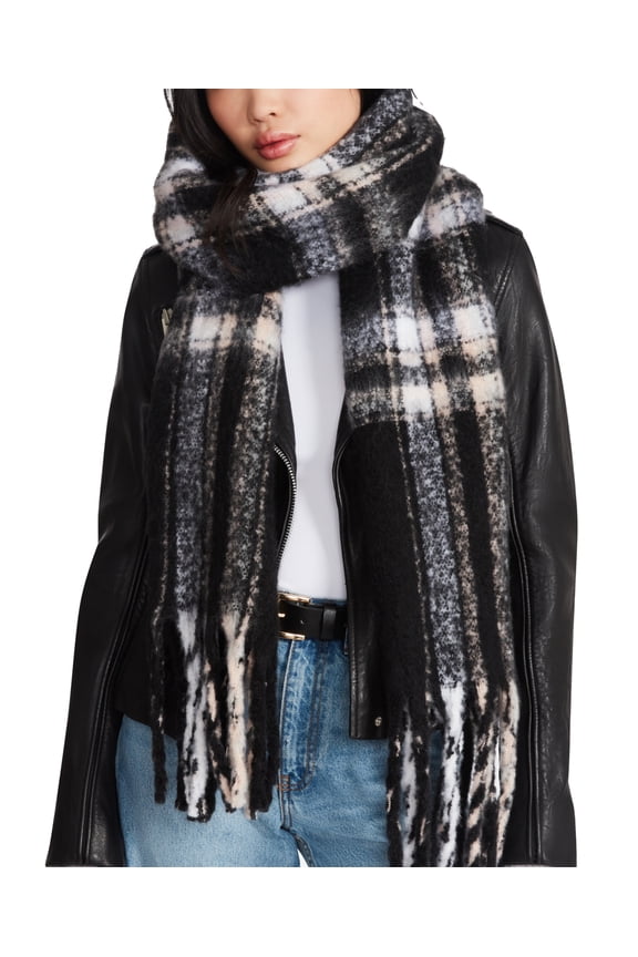 Womens Plaid Fringe-Trim Scarf -Black