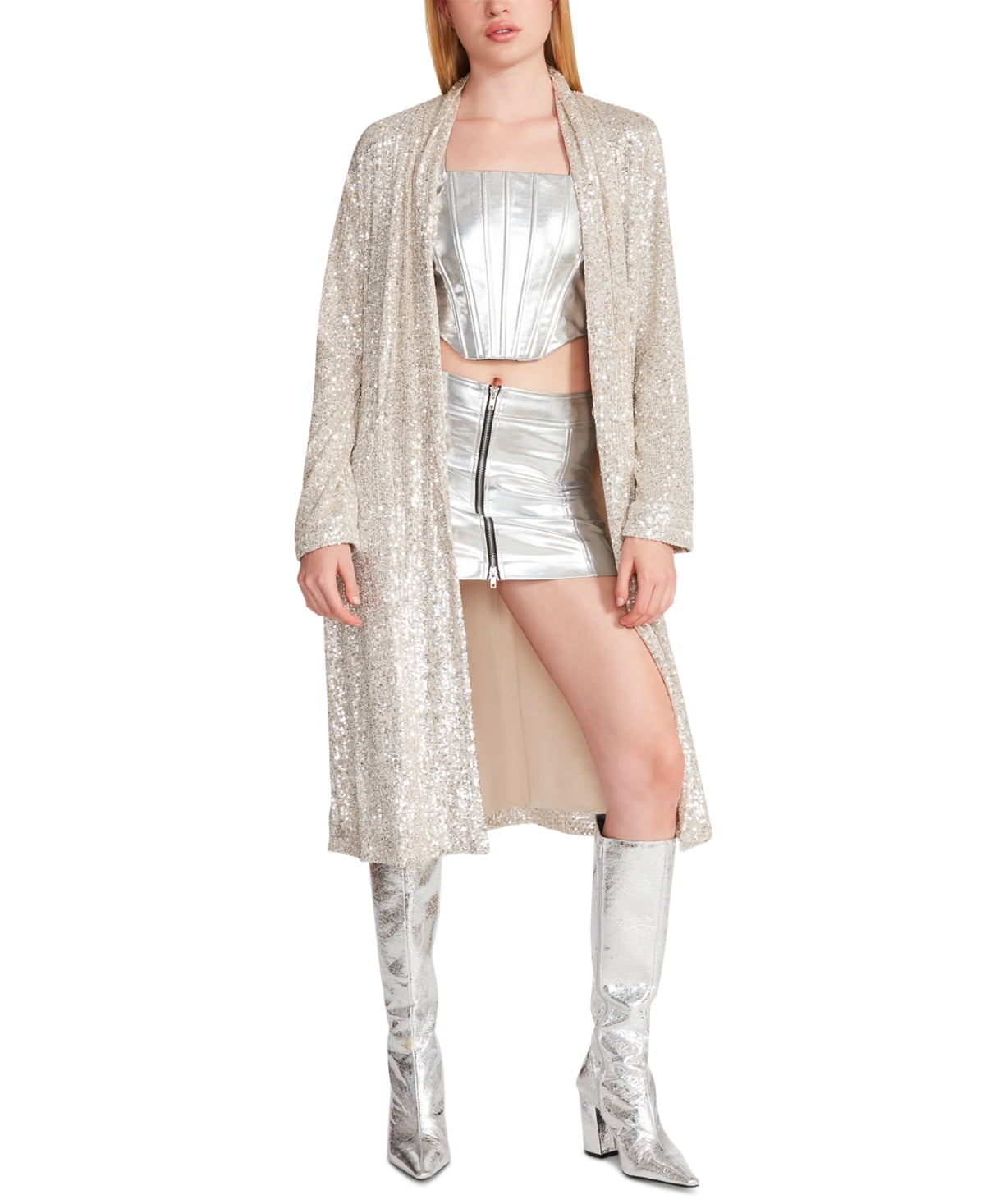 Steve Madden Women’s Show Stopper Long Glitter Coat, Silver, Large