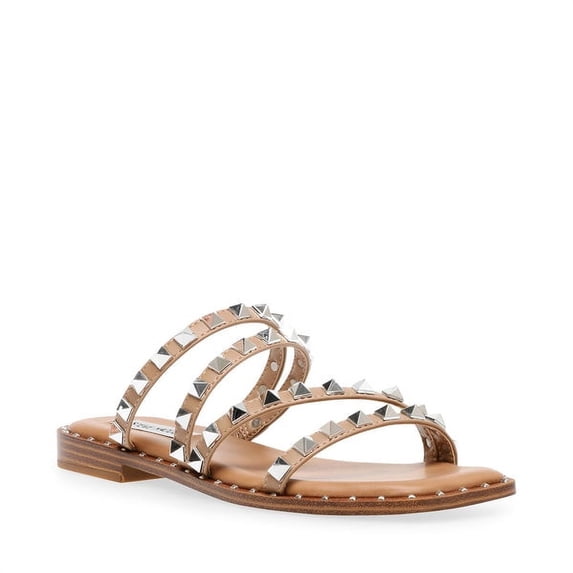 Steve Madden Women's Skyler Leather Embellished Strappy Slip On Flat Sandal