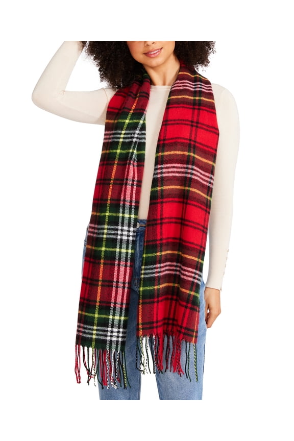 Women's Tartan Plaid Scarf with Fringe Detail, Red, One Size