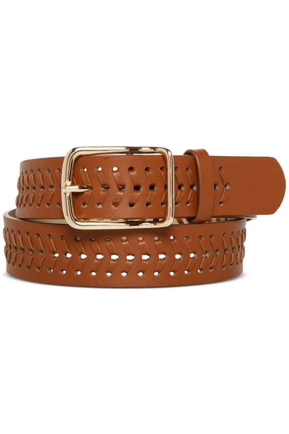 Womens Whipstitch Faux-Leather Belt Cognac, Large