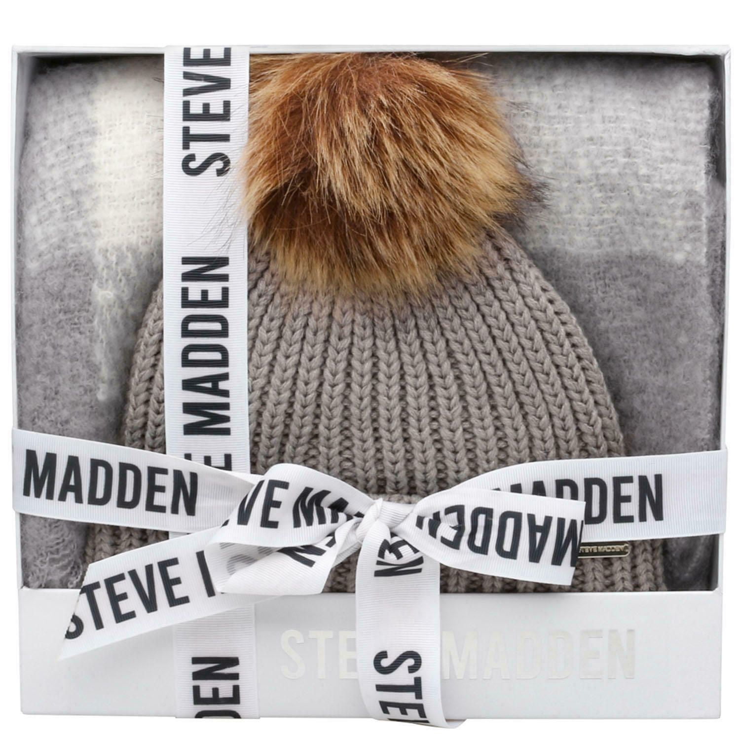 Grey Steve Madden Women's Winter Pom Ribbed Beanie Plaid Scarf