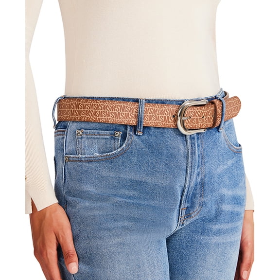 Steve Madden Womens Fish-Eye-Logo Belt, Brown, Small