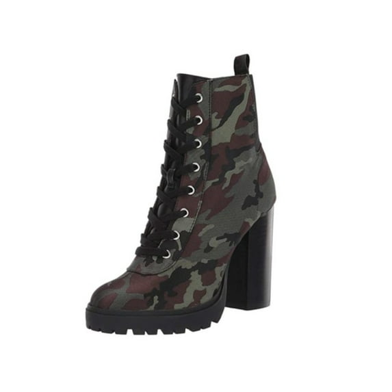 STEVE MADDEN Womens Green Camouflage Heel Pull-Tab Goring Padded Latch Almond Toe Zip-Up Combat Boots 6 M