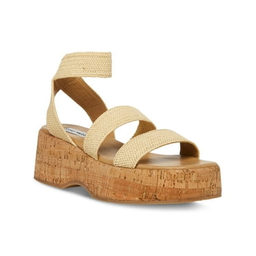 STEVE MADDEN Womens Beige 1-1/2" Cork-Like Platform Padded Woven Ankle Strap Sashes Square Toe Wedge Slip On Heeled Sandal 8 M