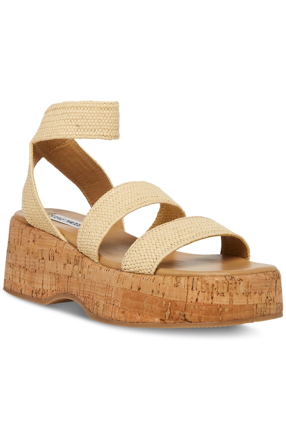 Womens Beige 1-1/2" Cork-Like Platform Padded Woven Ankle Strap Sashes Square Toe Wedge Slip On Heeled Sandal 8 M