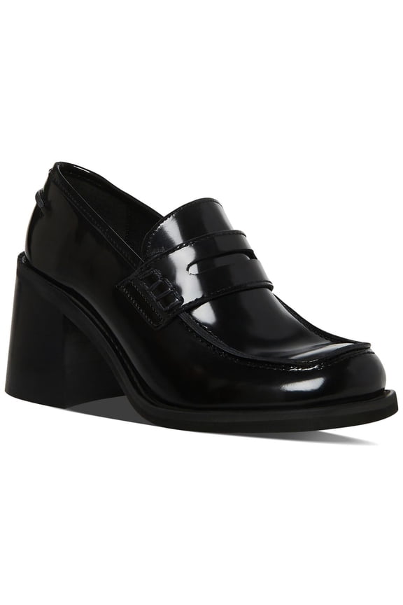 Womens Black Penny Padded Universe Round Toe Block Heel Slip On Leather Heeled Loafers 10 M