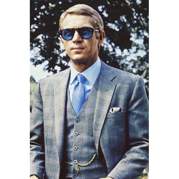 Steve McQueen 24x36 Poster in blue suit and classic blue Persol sunglasses Thomas Crown Affair
