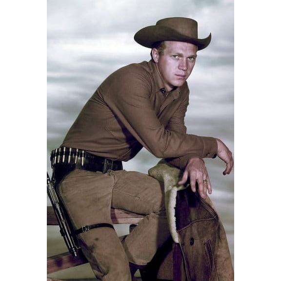 Steve McQueen in Wanted: Dead or Alive classic pose TV westerm with gunbelt on fence 24x36 Poster
