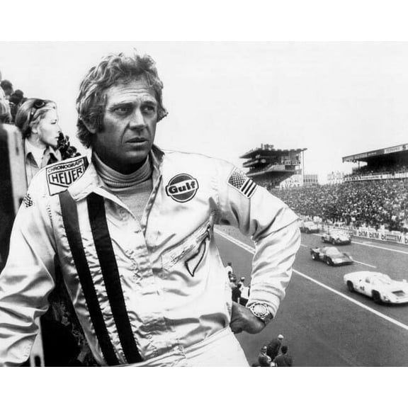 Steve McQueen on Le Mans set wearing Heuer watch by race track 24x30 Poster