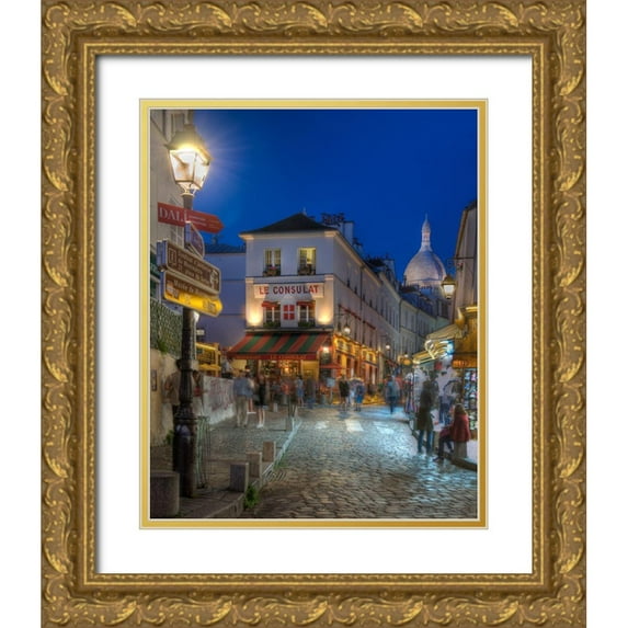 Steve Mohlenkamp 12x14 Gold Ornate Wood Framed with Double Matting Museum Art Print Titled - Night street scene in Montmartre district in Paris-France