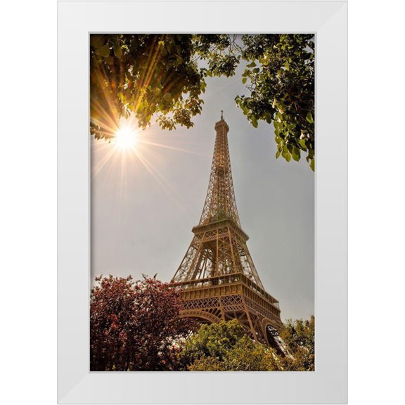 Steve Mohlenkamp 17x24 White Modern Wood Framed Museum Art Print Titled - Eiffel Tower framed by trees and sunburst in Paris-France