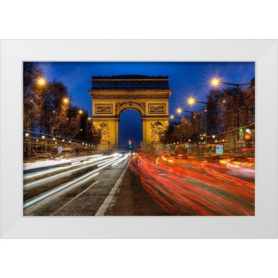Steve Mohlenkamp 24x17 White Modern Wood Framed Museum Art Print Titled - Traffic passes the Arch de Triumph on the Champs Elysee in Paris-France