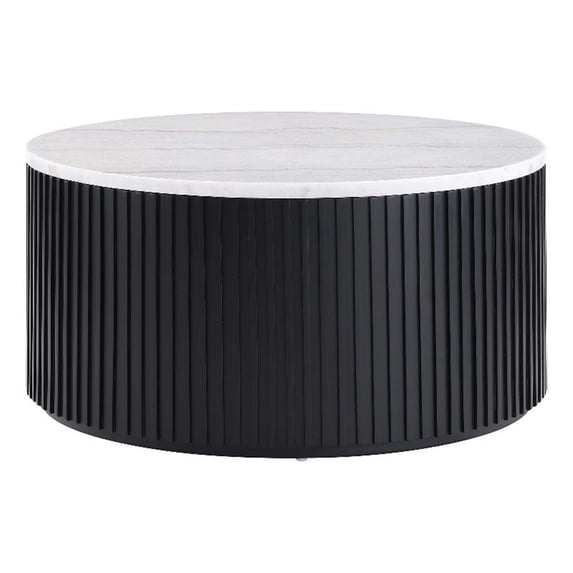 Steve Silver 36" Round White Marble Top Coffee Table with Casters Black Finish