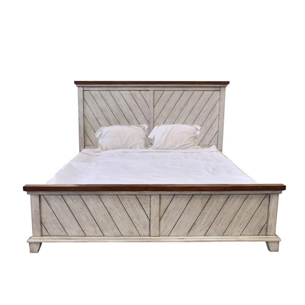 Rustic Ivory and Honey Queen Bed with Chevron Headboard