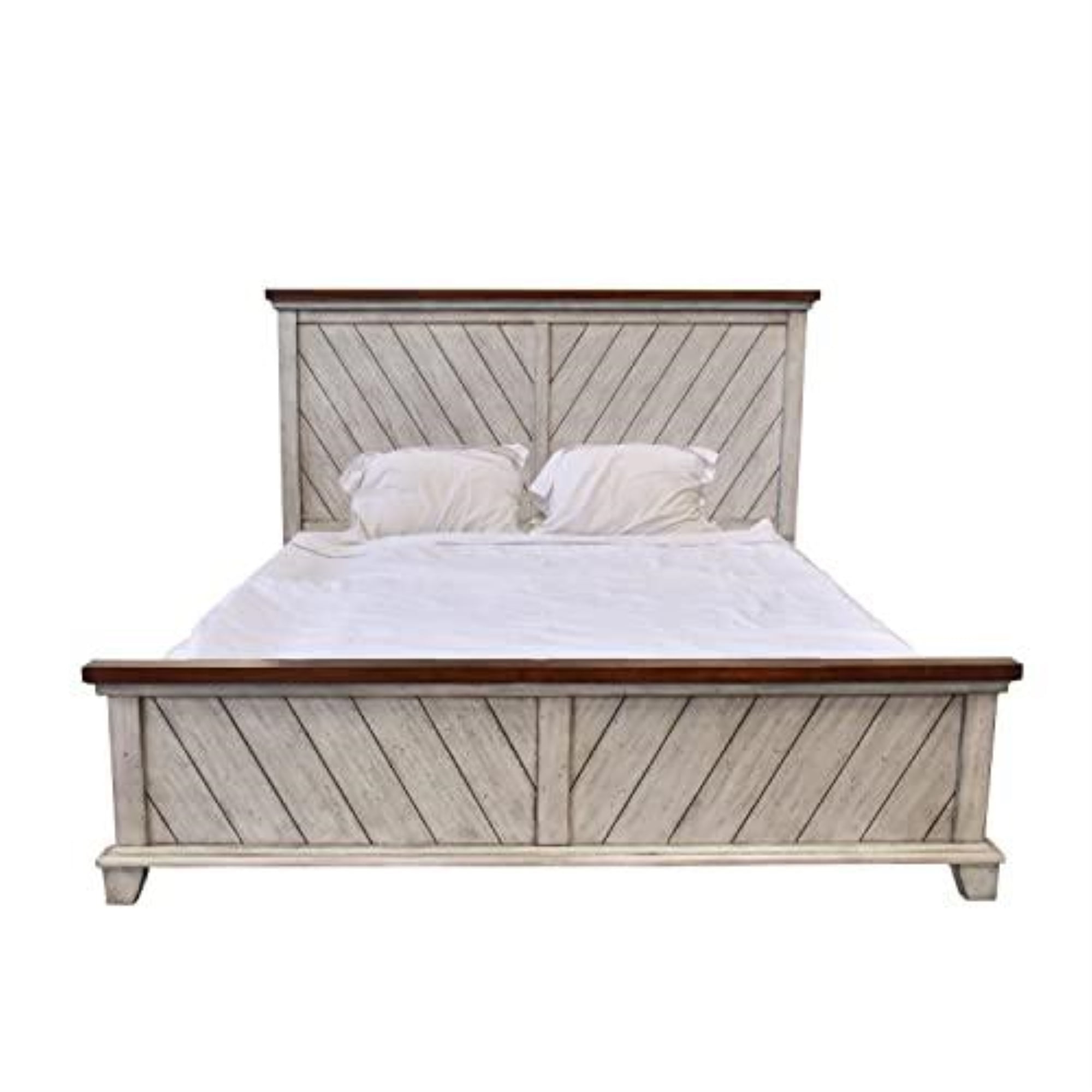 Rustic Ivory and Honey Queen Bed with Chevron Headboard