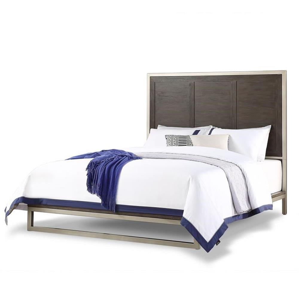 Walnut and Silver Upholstered Queen Platform Bed with Nailhead Trim