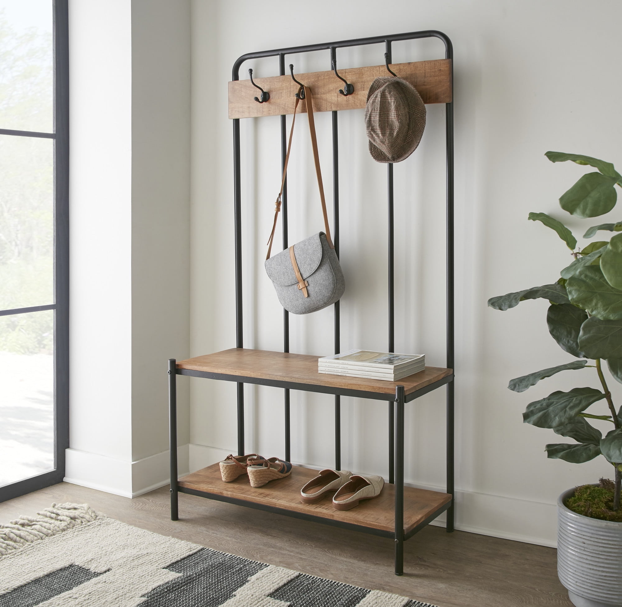 Transitional Black and Brown Mango Wood Hall Tree with Storage