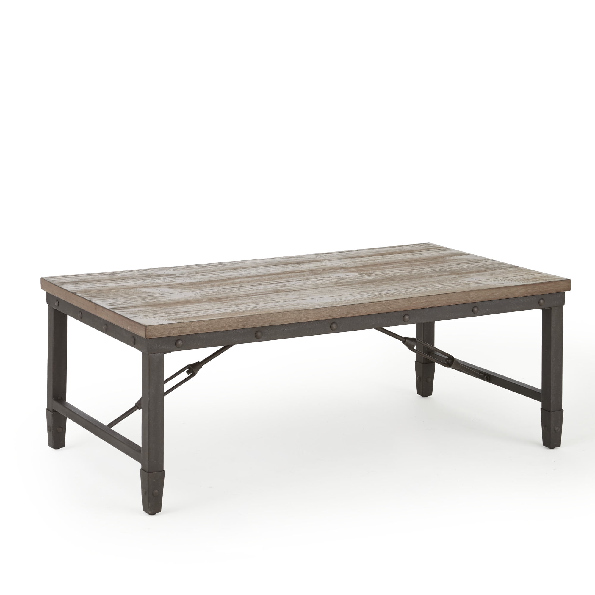 Riveted Antique Tobacco 48" Industrial Coffee Table with Plank-Effect Top