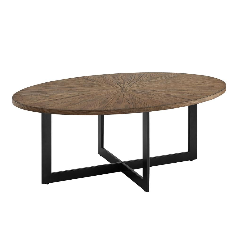 Industrial Oval Coffee Table with Sunburst Ash Veneer and Iron Base