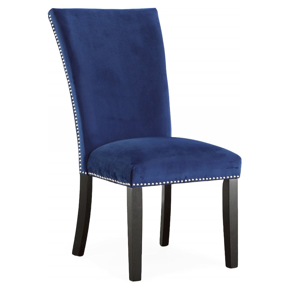 Camila White Marble Top Dining Set with Blue Velvet Chairs